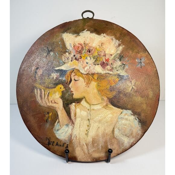 Original Art Painting Girl Flower Hat W/Bird Signed M Seales Round 10" Canvas - Picture 1 of 5